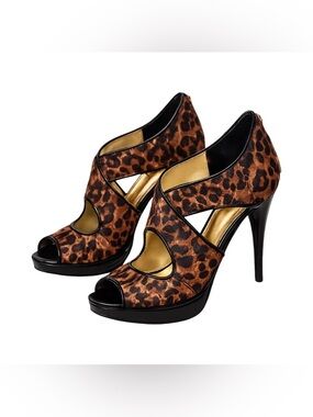 Michael Kors York Leopard Calf Hair Platform Peep Toe Heels - Size 8